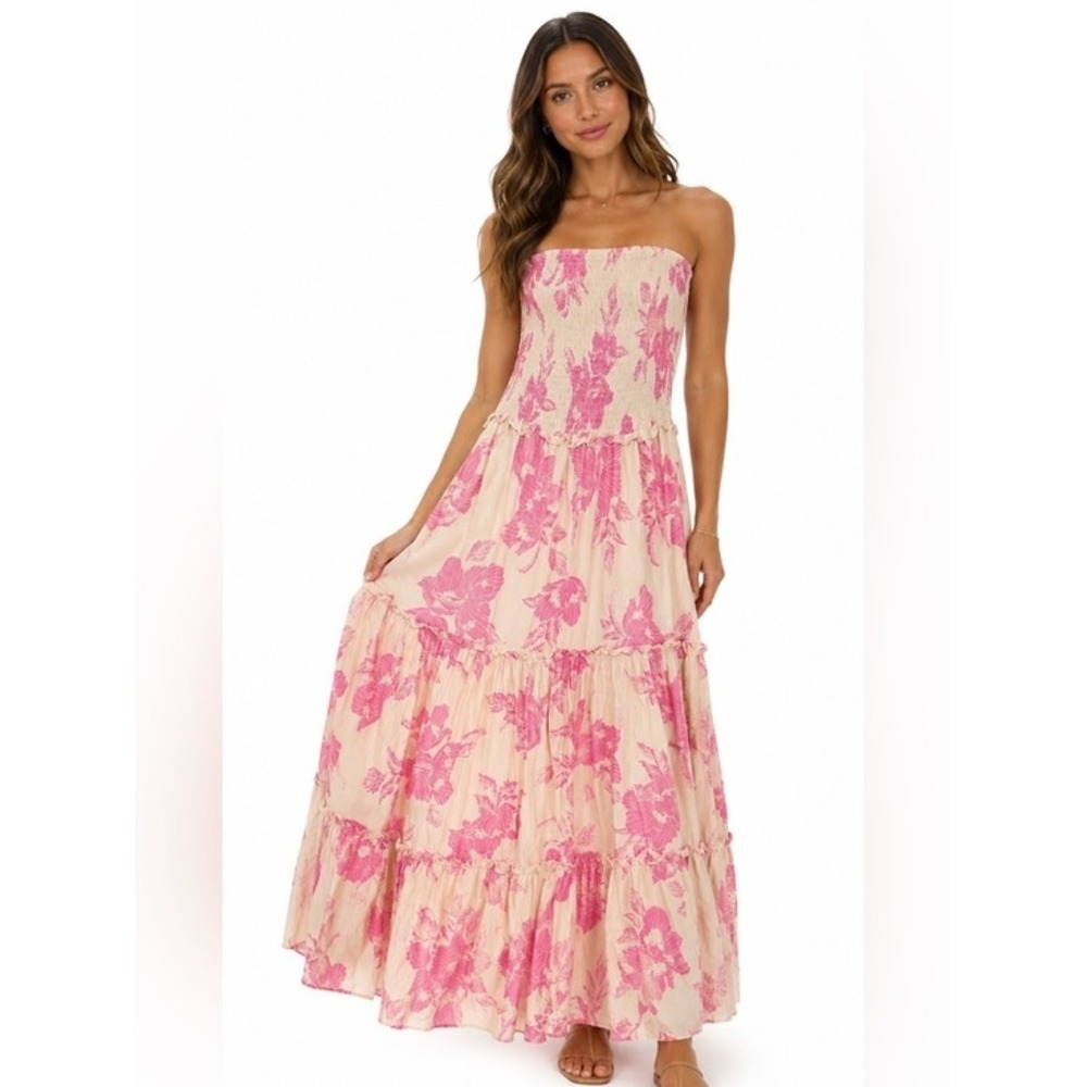 Anthro x Abel The Label Pink Floral Smocked Strapless Tiered Maxi Dress Boho